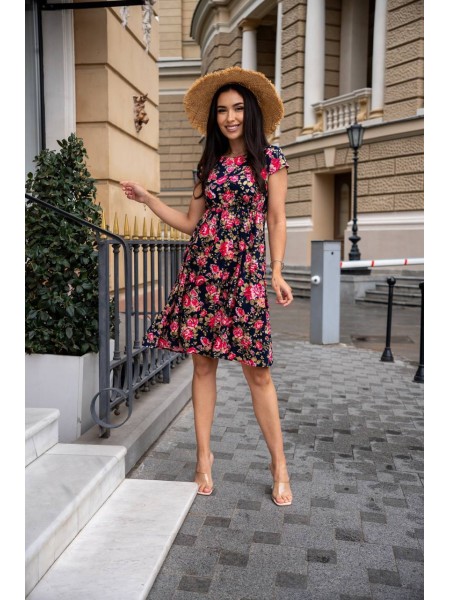 Легкое короткое платье в большой цветок черного цвета 32687