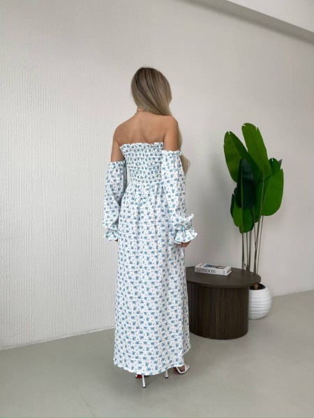 Длинное муслиновое платье в голубой цветок молочного цвета 32692