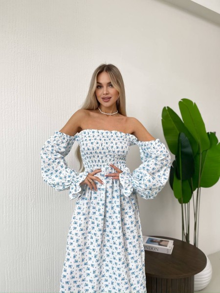 Длинное муслиновое платье в голубой цветок молочного цвета 32692