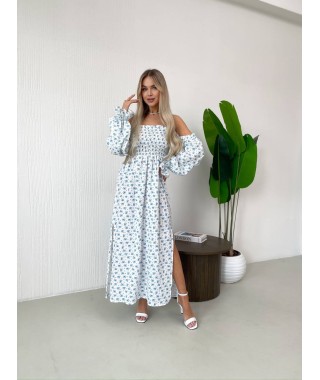 Длинное муслиновое платье в голубой цветок молочного цвета 32692