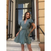 Легкое льняное платье мини на запах оливкового цвета 32713