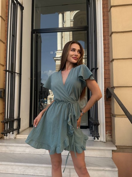 Легкое льняное платье мини на запах оливкового цвета 32713