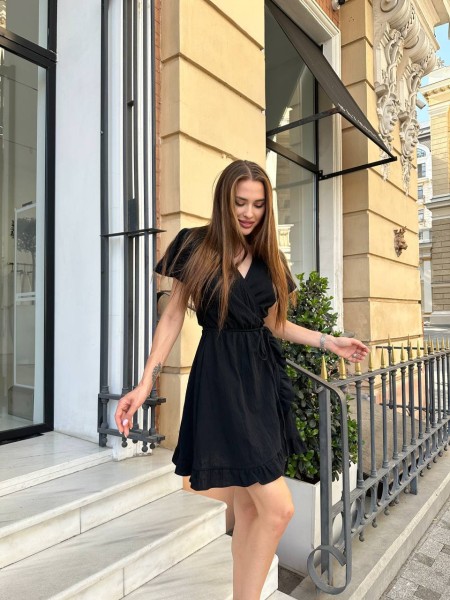 Легкое льняное платье мини на запах черного цвета 32715