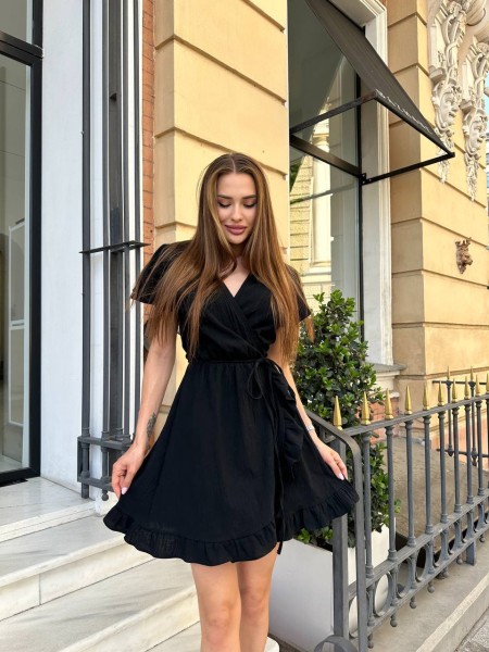 Легкое льняное платье мини на запах черного цвета 32715