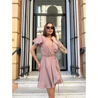 Легка лляна сукня міні на запах бежевого кольору 32716