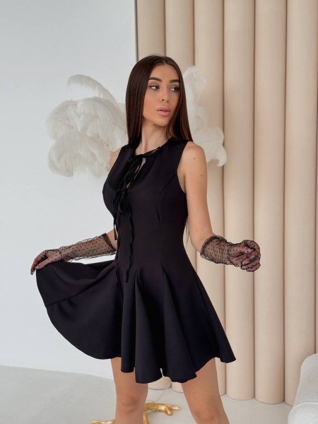 Коктельное платье клеш с завязками на груди черного цвета 32738