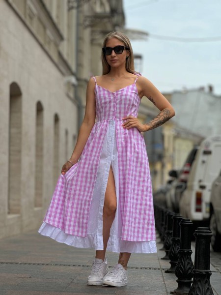 Бавовняний сарафан у клітку рожевого кольору 32741