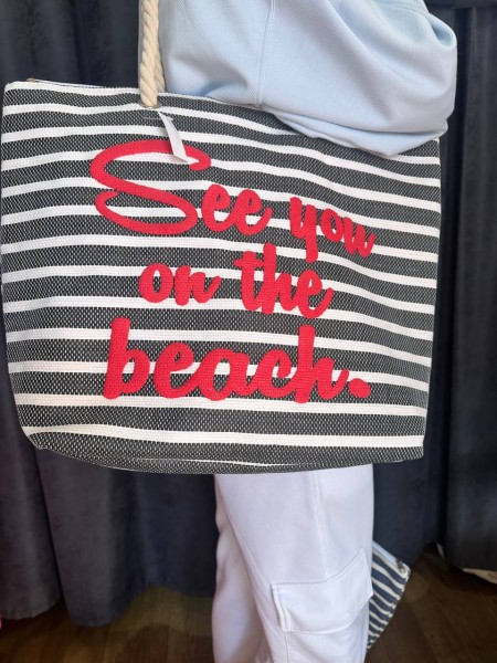 Жіноча пляжна сумка на плече в смужку синього кольору 32744