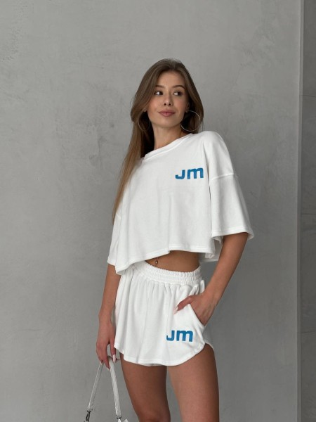 Жіночий велюровий костюм шорти+топ молочного кольору 32756