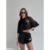 Жіночий велюровий костюм шорти+топ чорного кольору 32757