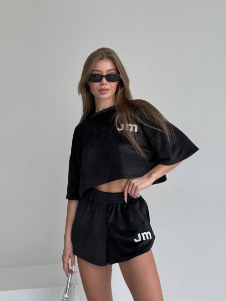 Жіночий велюровий костюм шорти+топ чорного кольору 32757