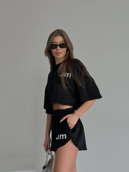 Жіночий велюровий костюм шорти+топ чорного кольору 32757