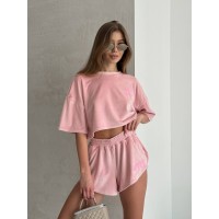 Жіночий велюровий костюм шорти+топ рожевого кольору 32758