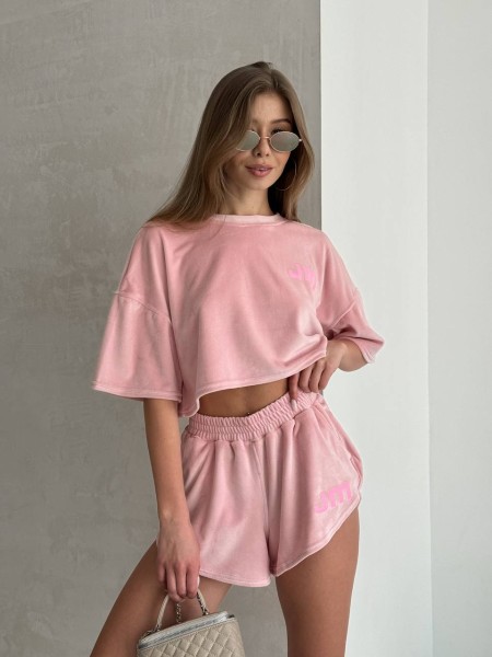Жіночий велюровий костюм шорти+топ рожевого кольору 32758