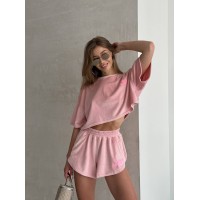 Жіночий велюровий костюм шорти+топ рожевого кольору 32758