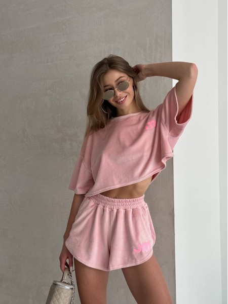 Жіночий велюровий костюм шорти+топ рожевого кольору 32758