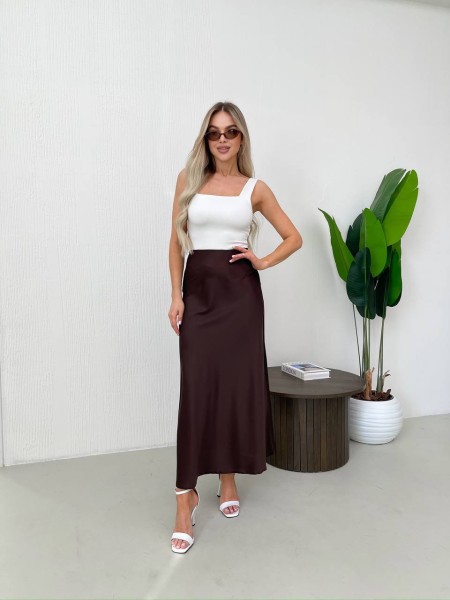 Женская длинная шелковая юбка коричневого цвета 32761