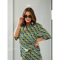 Жіночий шовковий костюм із блузою зеленого кольору 32784