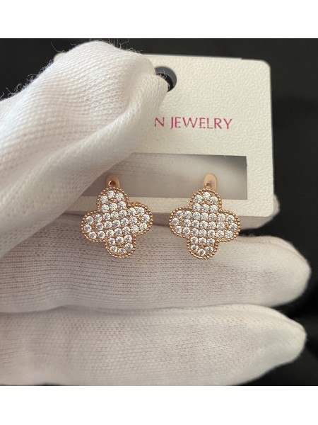 Сережки Конюшина з камінням золотого кольору англійський замок 32812