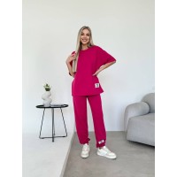 Жіночий костюм брюки + широка футболка малинового кольору 32853