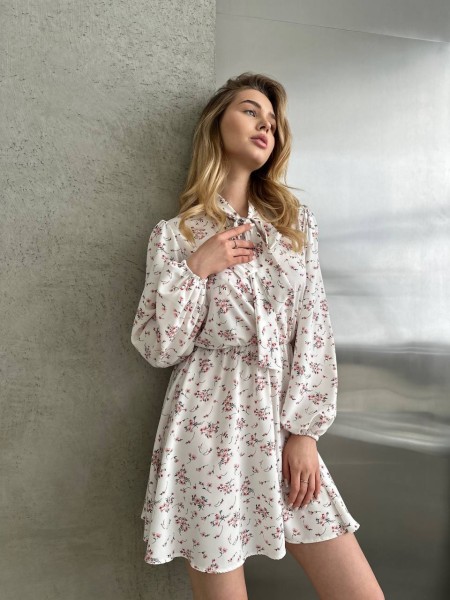 Повітряна сукня міні з бантом молочного кольору 32866