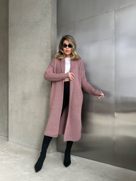 Жіночий довгий кардиган пудрового кольору 32877