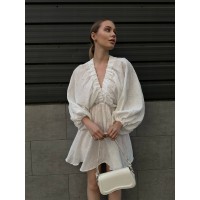 Муслинова сукня міні з рукавом молочного кольору 32901