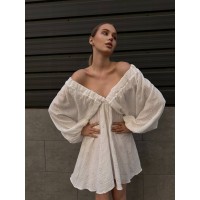 Муслинова сукня міні з рукавом молочного кольору 32901