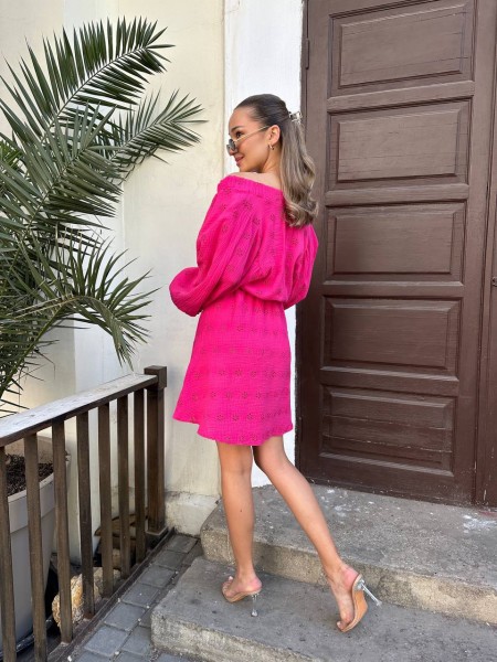 Муслинова сукня міні з рукавом малинового кольору 32902