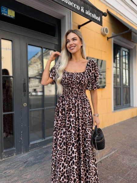 Повітряна сукня міді в квітку з відкритими плечима леопард коричневого кольору 32921