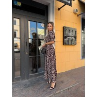 Воздушное платье миди в цветок с открытыми плечами леопард коричневого цвета 32921