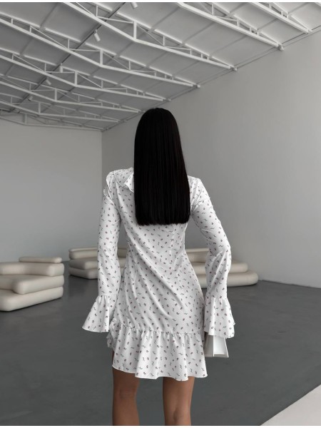 Легка сукня міні з воланами у квітку молочного кольору 32930