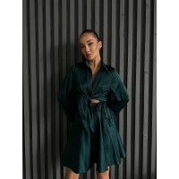 Женский шелковый костюм юбка на запах+рубашка изумрудного цвета 32931