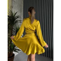 Жіночий шовковий костюм спідниця на запах+сорочка жовтого кольору 32933