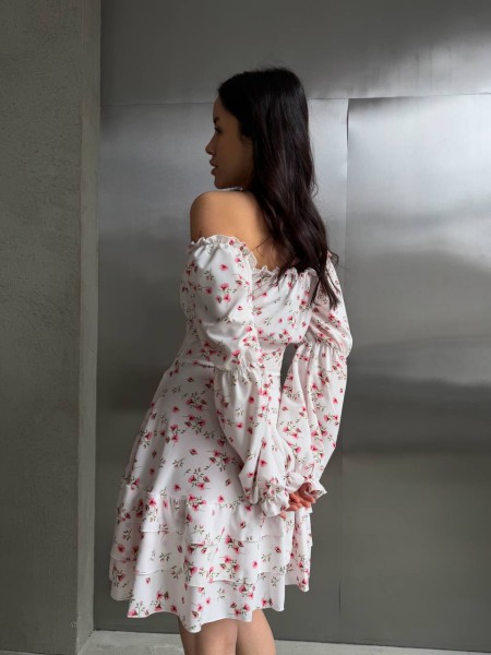 Легка сукня міні з рукавом молочного кольору 32952