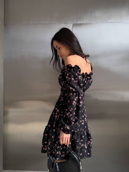 Легка сукня міні з рукавом чорного кольору 32953