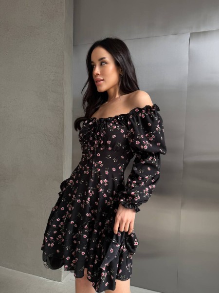 Легка сукня міні з рукавом чорного кольору 32953