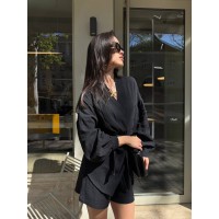 Жіночий муслiновий костюм шорти+кімоно чорного кольору 32958