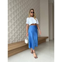 Женский шелковый костюм 3-ка (топ+штаны+юбка) голубого цвета 32977