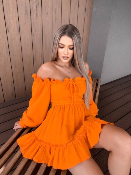 Муслинова сукня міні з рюшами помаранчевого кольору 33025