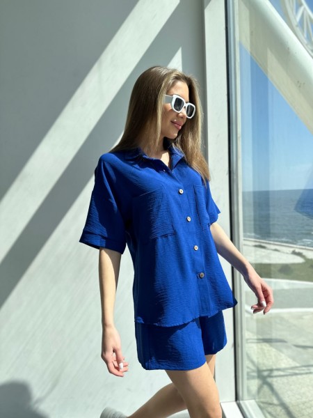 Жіночий літній костюм сорочка+шорти синього кольору 33113