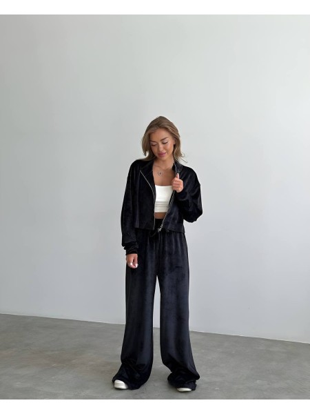 Жіночий легкий костюм на блискавці чорного кольору 33117