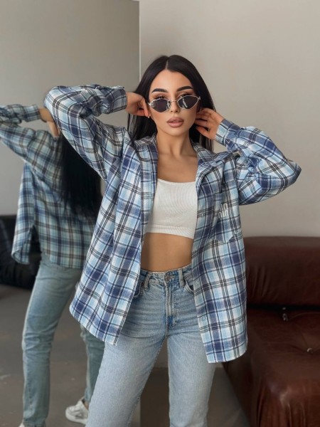 Жіноча бавовняна сорочка в клітинку блакитного кольору 33157