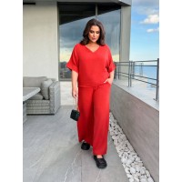 Легкий брючний костюм із крепу червоного кольору 33184