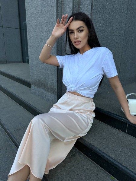 Жіноча шовкова спідниця міді бежевого кольору 33188