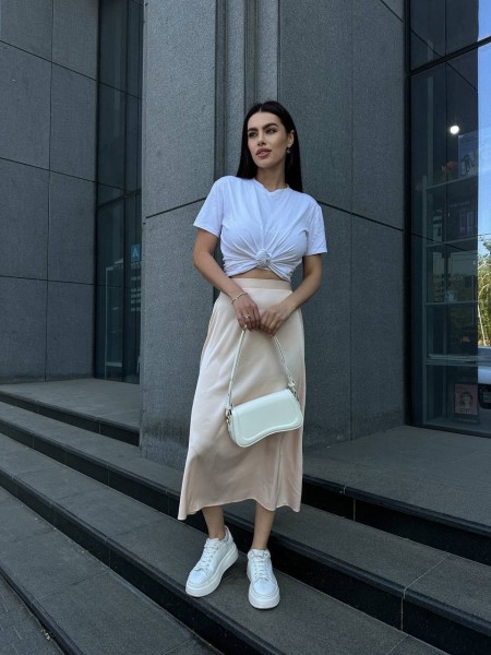 Жіноча шовкова спідниця міді бежевого кольору 33188