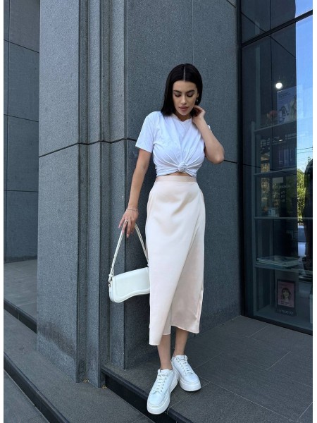 Жіноча шовкова спідниця міді бежевого кольору 33188