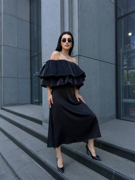 Жіноча шовкова спідниця міді чорного кольору 33191