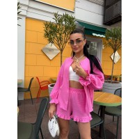 Жіночий мусліновий костюм із шортами малинового кольору 33193