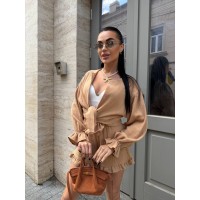 Жіночий мусліновий костюм із шортами бежевого кольору 33194